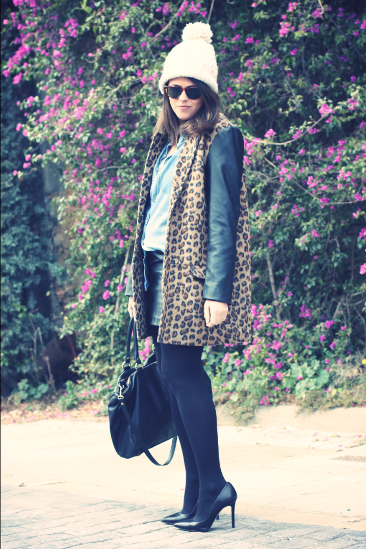 Look leather skirt + leopard coat