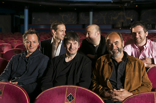 All the boys: Lyceum Artistic Director Mark Thomson, Writer Tim Barrow, Author Ian Rankin, Director Tony Cowie, Writer David Haig and Director Andrew Panton in the stalls at the Lyceum's 2013/14 season launch. Photo © Eoin Carey