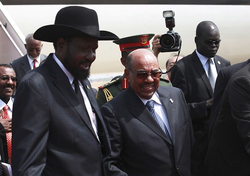 President Salva Kiir of the Republic of South Sudan hosts President Omar Hassan al-Bashir of the Republic of Sudan. President Bashir visited Juba on April 12, 2013. by Pan-African News Wire File Photos