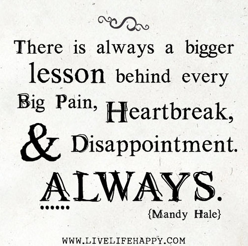 There is always a bigger lesson behind every big pain, heartbreak, and disappointment. Always. -Mandy Hale