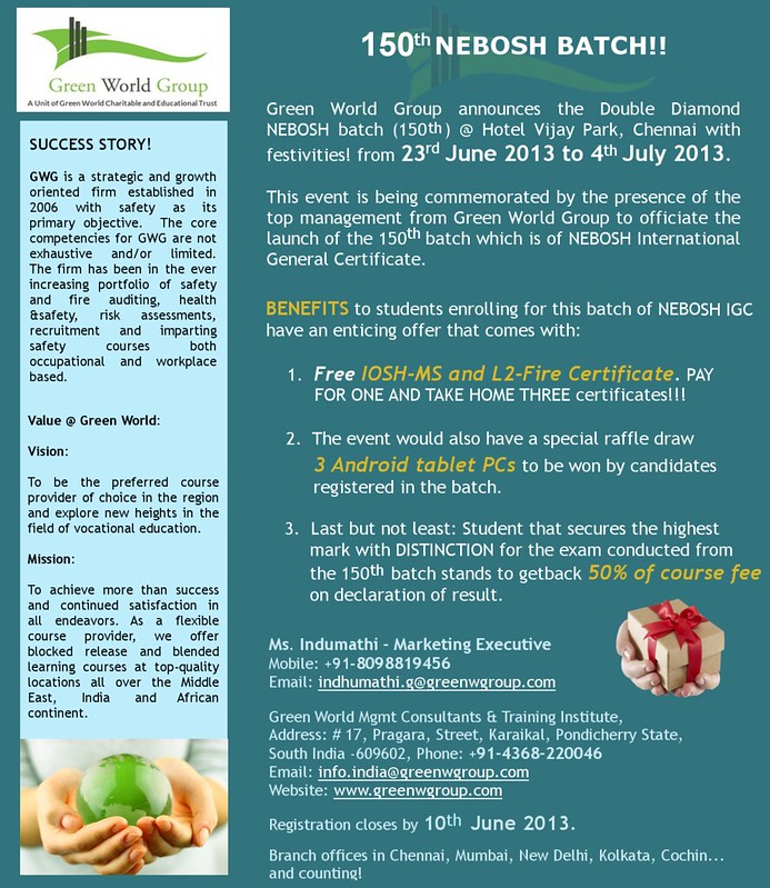 Get Nebosh 150th Batch Offers in Green World Group Chennai Branch
