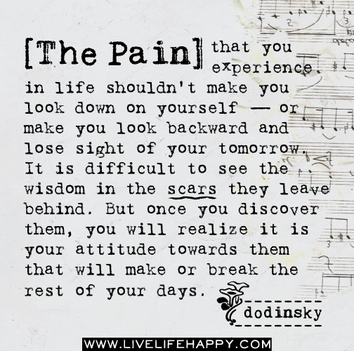 The pain that you experience in life shouldn't make you look down on yourself -- or make you look backward and lose sight of your tomorrow. It is difficult to see the wisdom in the scars they leave behind. But once you discover them, you will realize it is your attitude towards them that will make or break the rest of your days. - Dodinsky