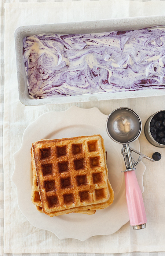 Brown Butter Waffles with No-Churn Blueberry Ice Cream