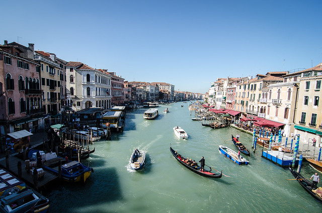 A morning view of the grand canal from the Rialto Bridge in Venice.