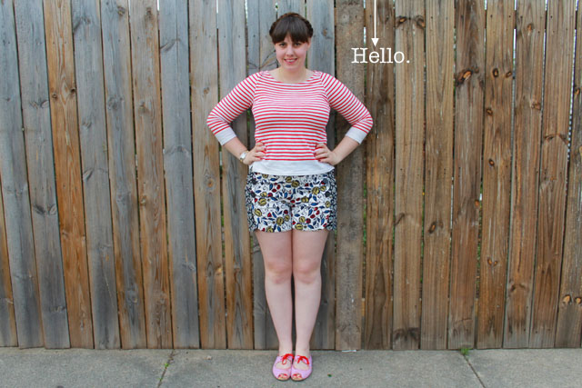 Missmatch outfit: double floral "buttoned and blossomed sailor shorts" from Anthropologie, red striped mariniere breton top, candy-striped open-toe flats, maiden braids