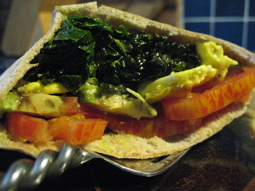 Breakfast sandwich with kale, spinach and tomato from the garden