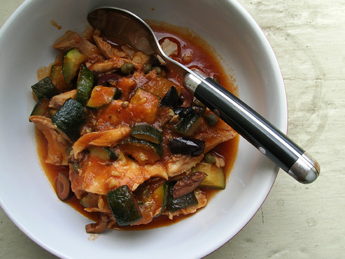 companion chicken stew with anchovies, olives, capers, and zucchini