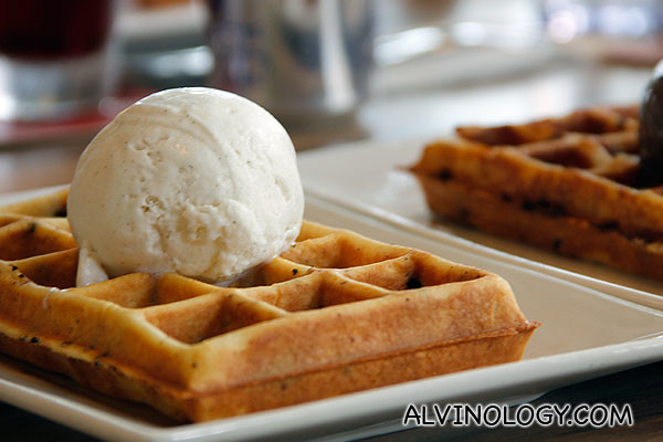 Close-up of ice cream and waffle 