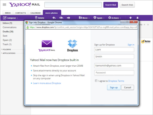 dropbox-sign-up-screen in yahoo mail