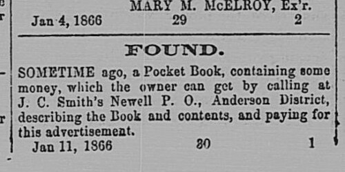 Found Purse in Newell 1866