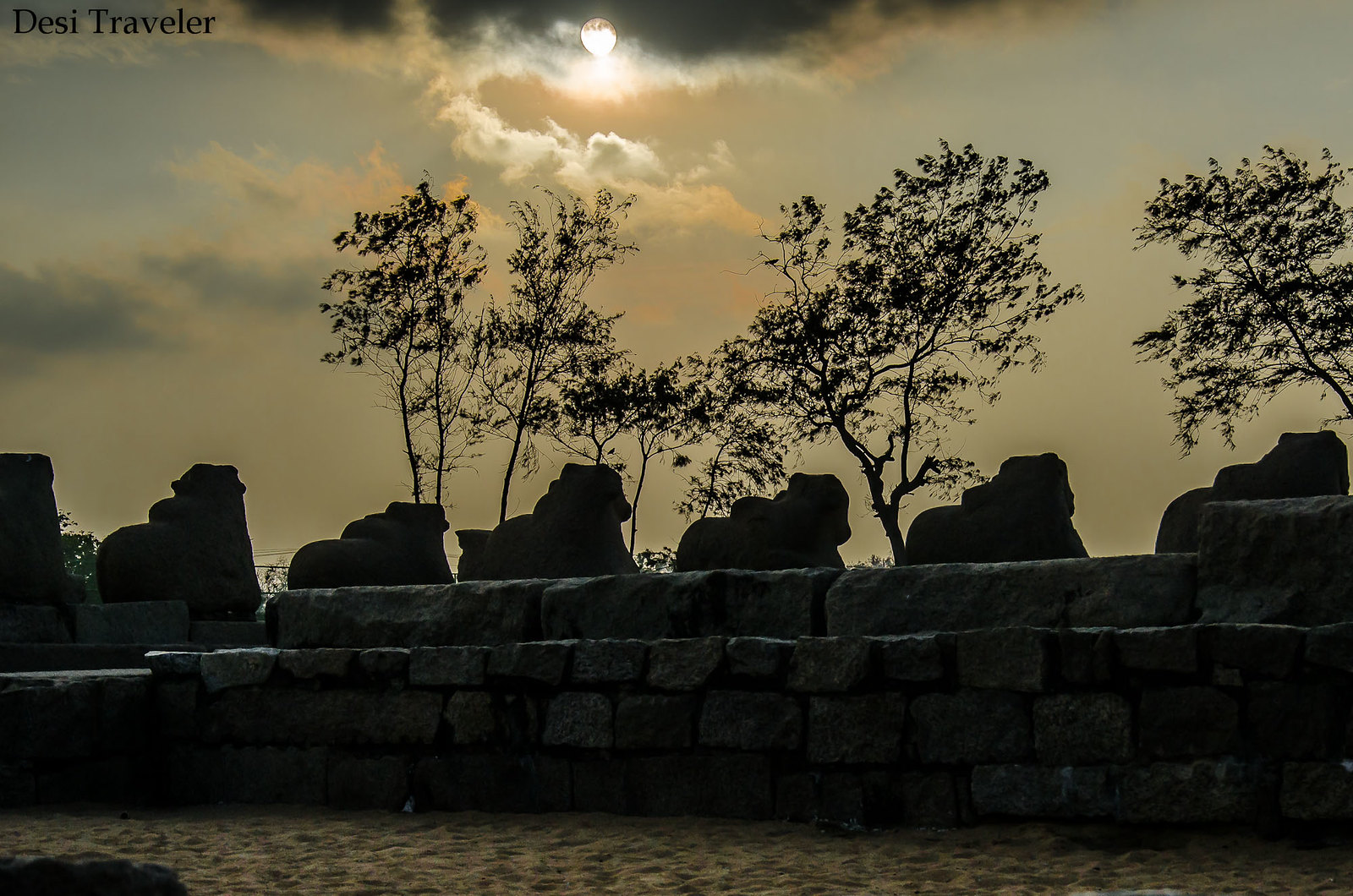 Sunset at shore temple mahabalipuram