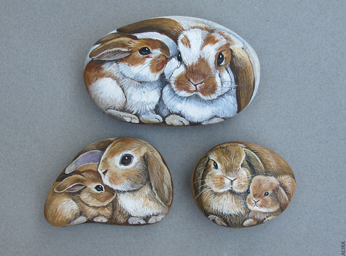Bunny Mother and Baby hand Painted on the Rock by Alika-Rikki