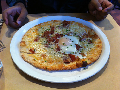 Fontina, applewood smoked bacon and, poached egg pizza