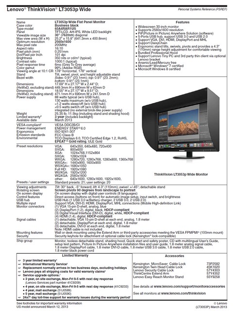 ThinkVision LT3053p specification detailed