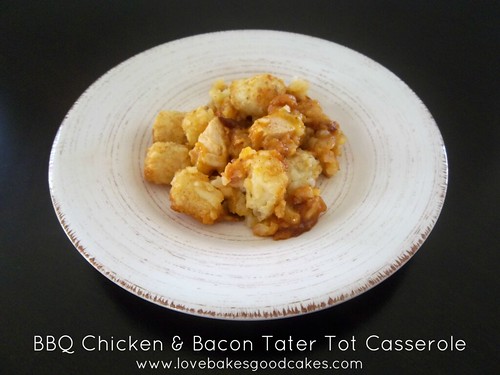 BBQ Chicken & Bacon Tater Tot Casserole in white bowl.