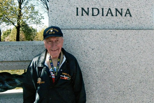Walter at WW2 War Memorial with Indy Honor Flight - April 2013 (Close-up at High Res)