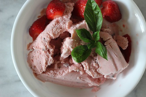 Roasted Strawberry Rhubarb Basil Ice Cream
