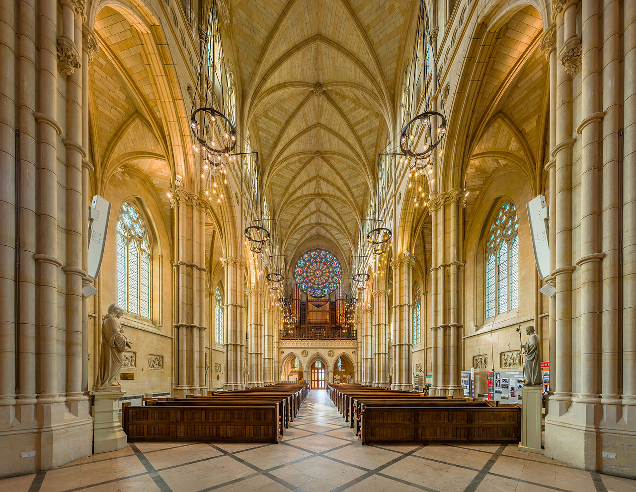 The nave of Arundel Cathedral looking west, in West Sussex, England. Credit David Iliff