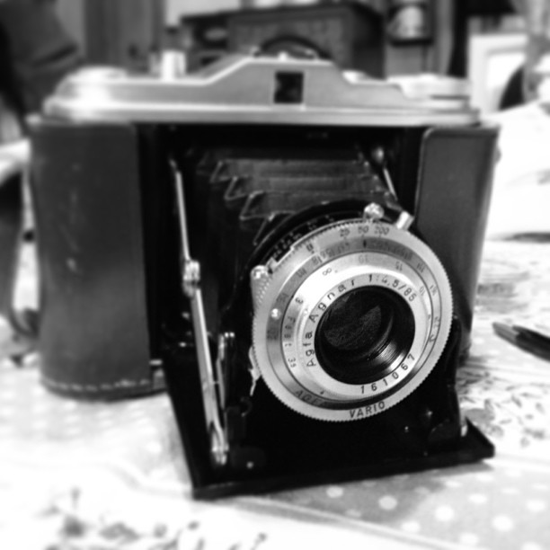 My newest vintage camera. Still has a roll of film in it!  Seems to function well other than a frozen focusing ring. My dad and sister found it for me! #agfa #isolette #pictapgo_app
