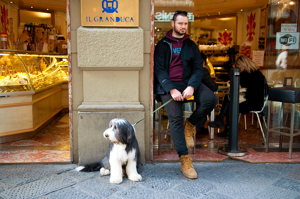Man with Dog at Cafe