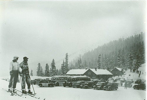 A historical look back at an early U.S. Forest Service shelter house and parking area at Loveland Winter Sports Area on the Arapaho-Roosevelt National Forests. (U.S. Forest Service/Jay Higgins)