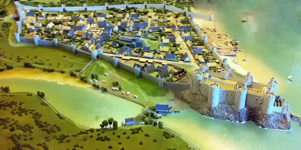 Reconstruction of Conwy Castle and town walls at the end of the 13th century. Credit Hchc2009