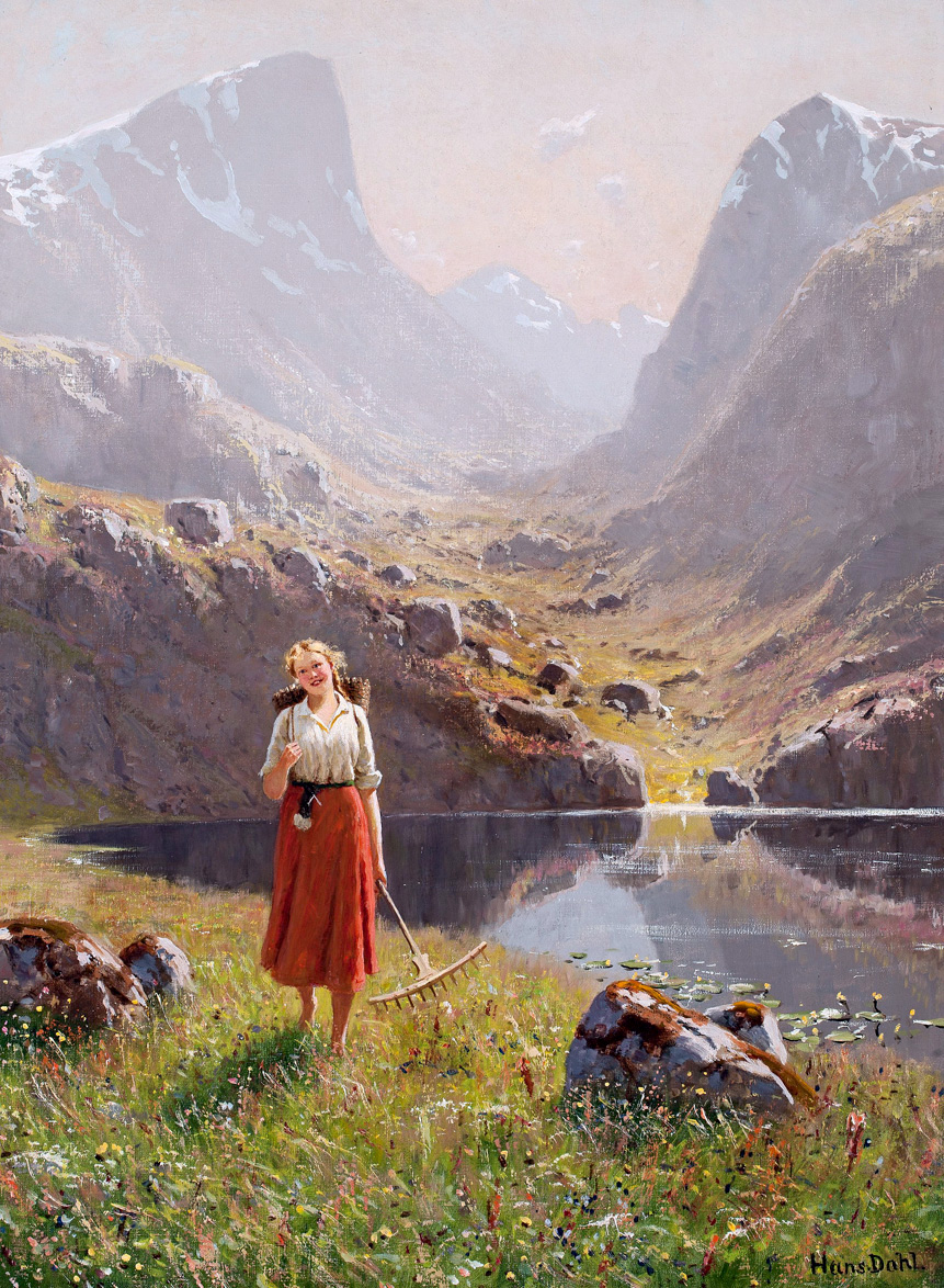 Girl by a mountain lake by Hans Dahl