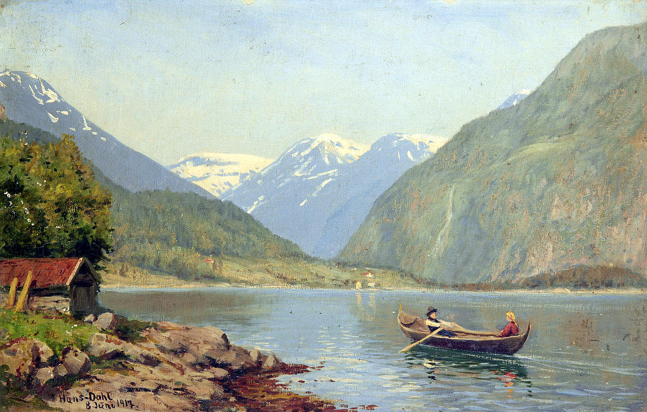 Figures in a Rowing Boat on a Fjord by Hans Dahl, 1917