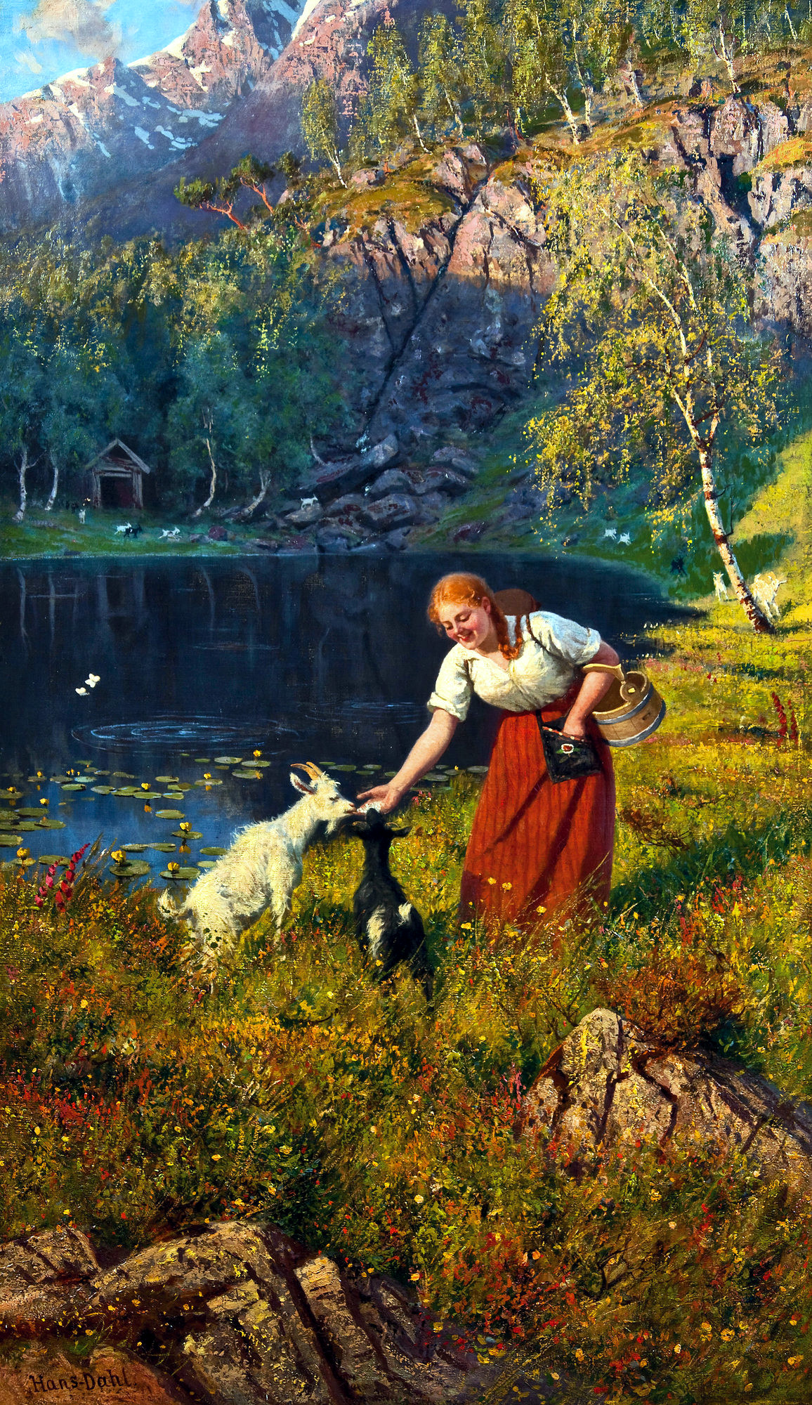 Milkmaid with goats by Hans Dahl