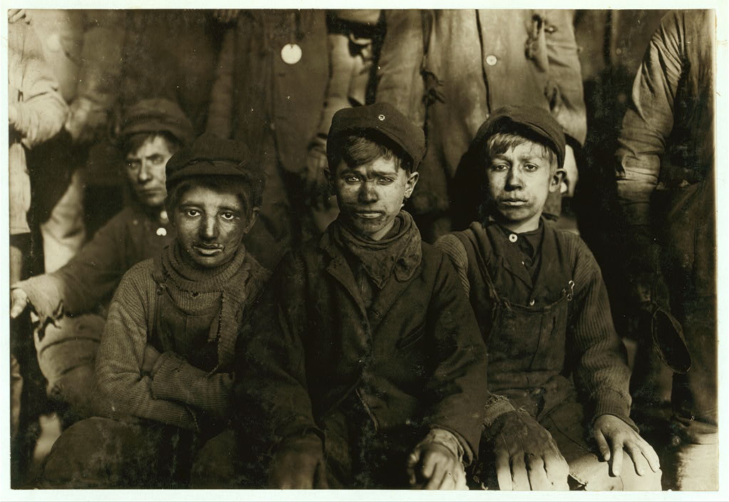 Group of Breaker boys. Smallest is Sam Belloma, Pine Street. (See label #1949). Location: Pittston, Pennsylvania.