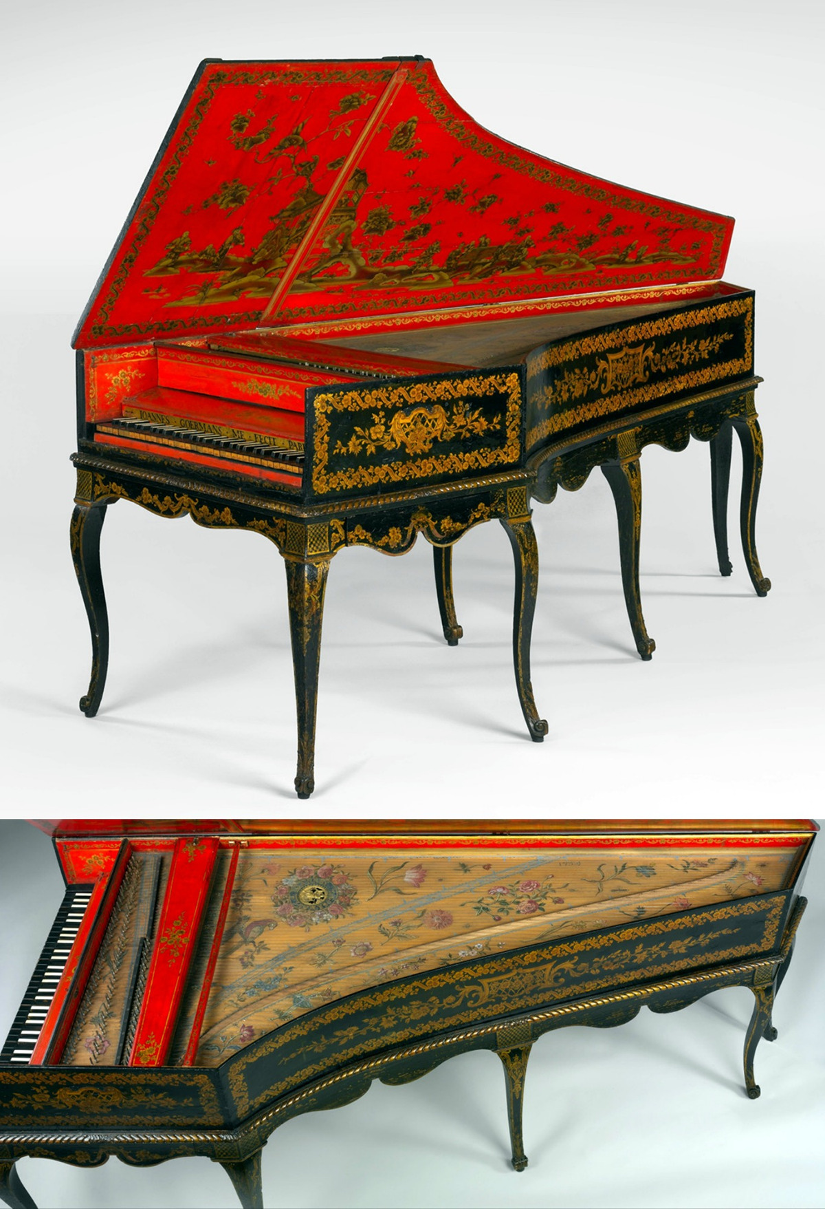 1754 Harpsichord converted to a piano. French. Wood, paint, gilding, polychrome, gilded pewter, ebony, bone, felt. metmuseum