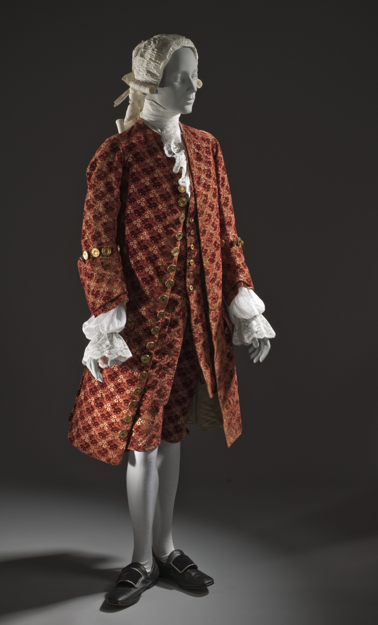 c. 1755 Man's ensemble. Silk cut, uncut, and voided velvet (ciselé) on satin foundation. LACMA