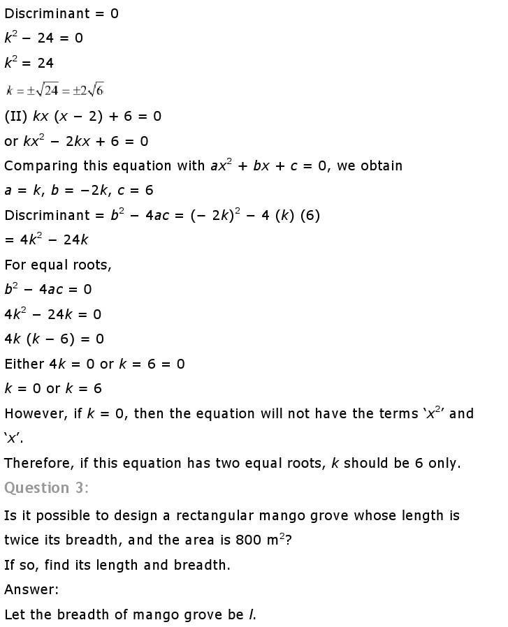 NCERT Solutions For Class 10 Maths Chapter 4 Quadratic Equations PDF Download