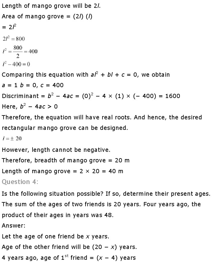 NCERT Solutions For Class 10 Maths Chapter 4 Quadratic Equations PDF Download