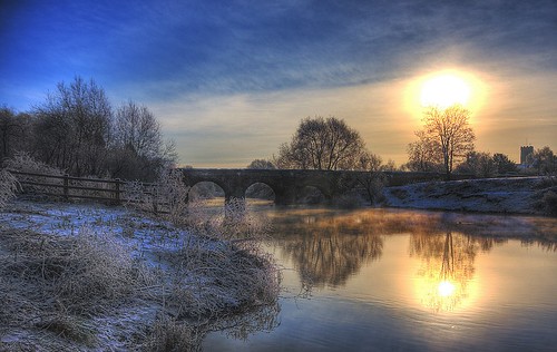 winter sunset snow church wales river frost cheshire north bank chester holt dee brdige wrexham stchads farndon