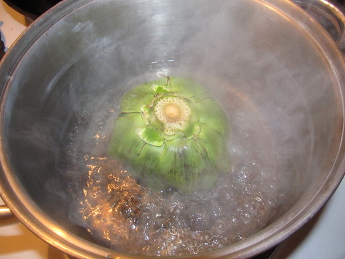 Cooking an Artichoke: Simmer upside-down.
