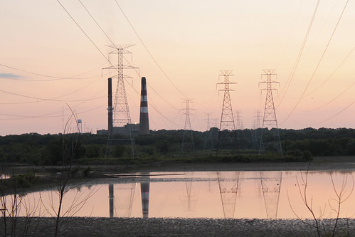sunset reflection industry water day clear powerlines smokestacks electricity themonthlyscavengerhunt electricalplant 0612sh11