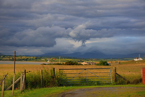 houses sea sky cloud storm mountains water field weather clouds fence landscape scotland gate farm argyll islay jura crops lochindaal