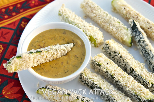 Crunchy baked zucchini sticks paired with a creamy, spicy queso dip makes for an awesome appetizer!