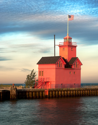 park red sky lighthouse holland reflection water mi big state michigan flag hdr
