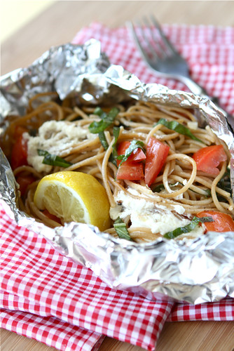 Whole Wheat Pasta with Goat Cheese & Tomatoes in Foil