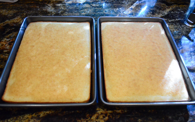 The cake after it has come out of the oven and it cooling off on a counter top.
