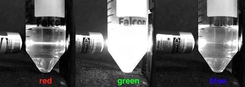 Red, green and blue channels of green laser in olive oil