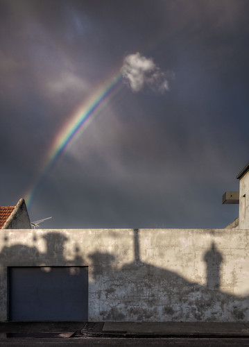 street houses shadow cloud rain weather wall concrete rainbow day