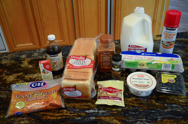 The ingredients for Blueberry Almond French Toast Bake on the kitchen counter.