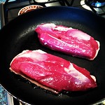 Duck breast, fry from cold to render fat (and don't forget to trim the membranes...)