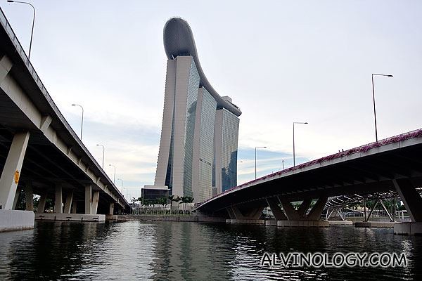 Interesting view of Marina Bay Sands, flanked by two highways