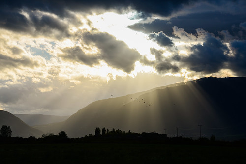 light sunset birds clouds ray flight rays mountainrange