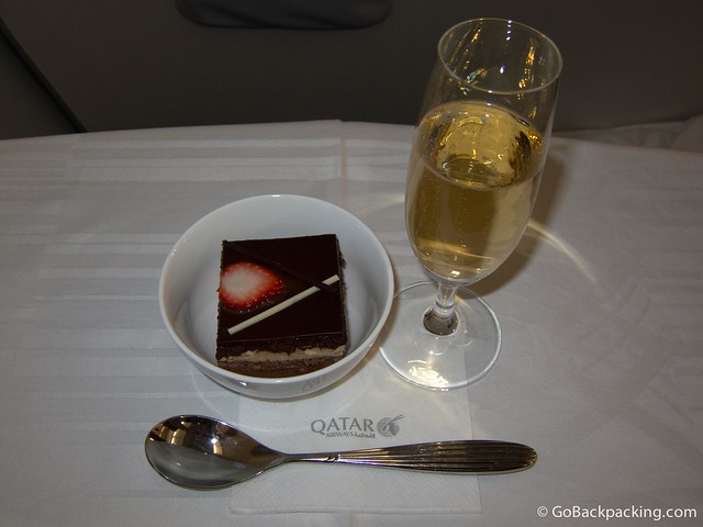 Opera cake for dessert, along with another glass of champagne