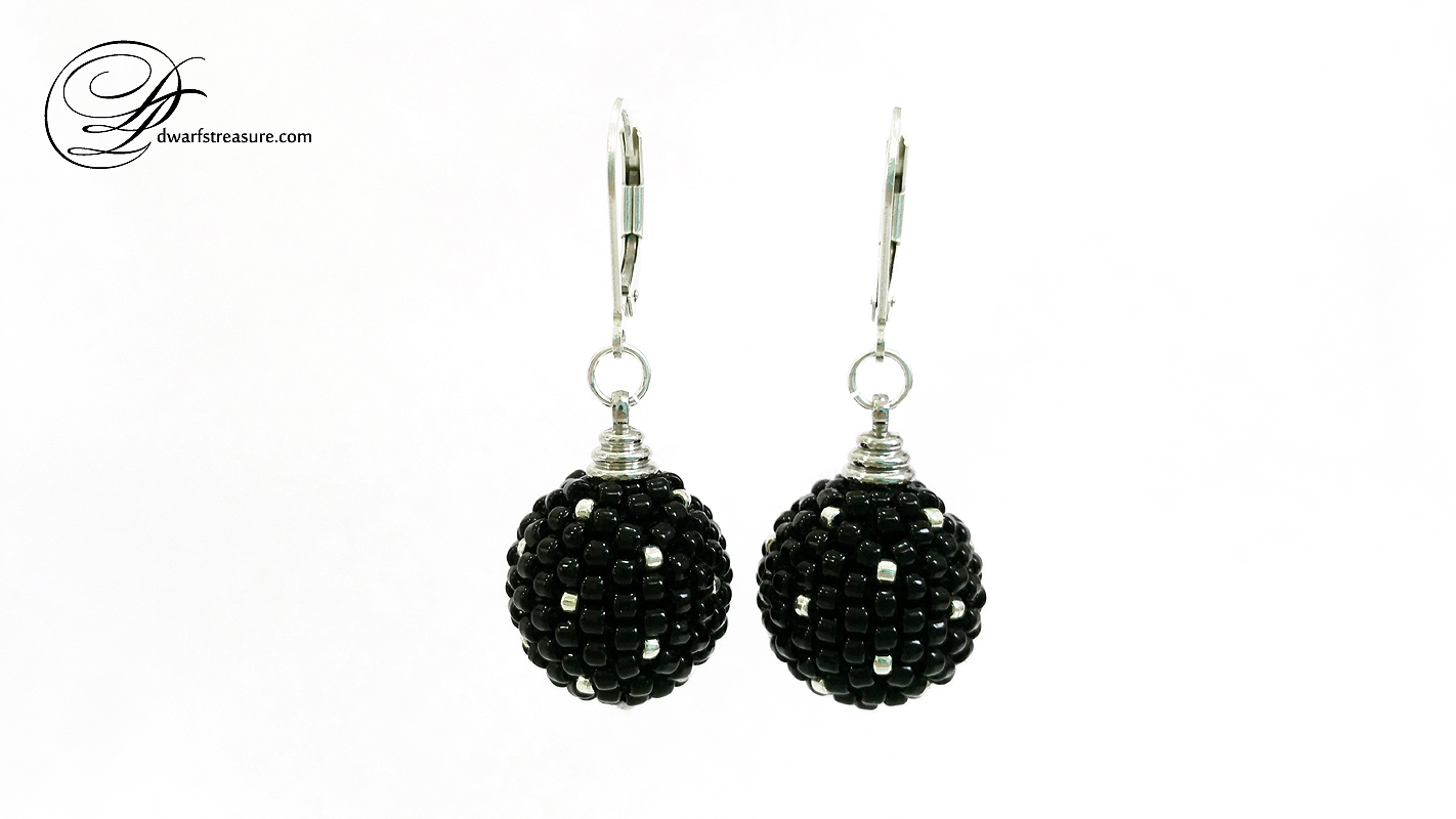 Polka dot black glass seed beads statement earrings